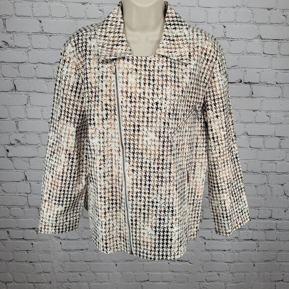 Chico's Brown Metallic Houndstooth Lightweight Full Zip Moto Jacket Size 3 US 16 - Picture 1 of 15